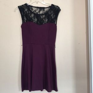 Wine Dress with Black Lace Neck - XS
